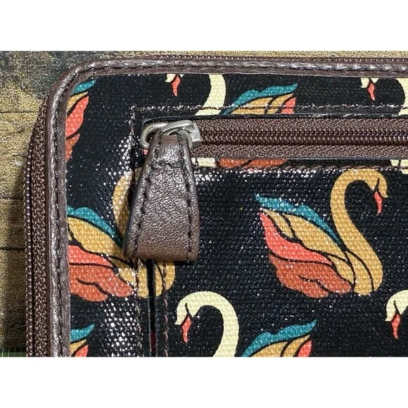 NEW Authentic Fossil Key-Per Brown/Orange Swan Print Card Wallet Fall Colors - Picture 11 of 16
